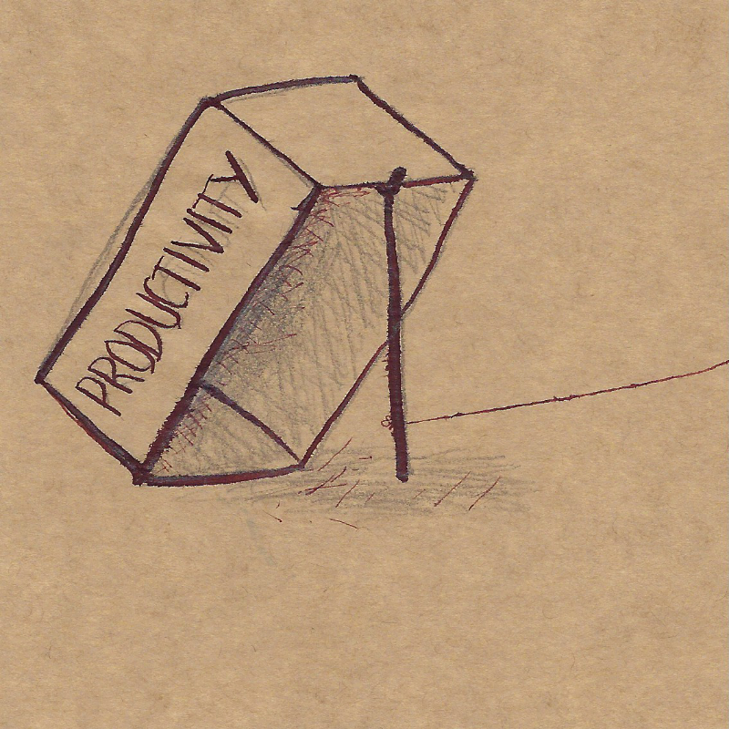 An illustration of a primative box trap with the word productivity written on the side